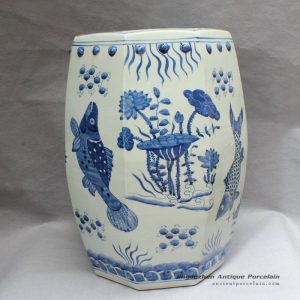 RYLU11_Blue and White Painted fish and flower Ceramic China Stool