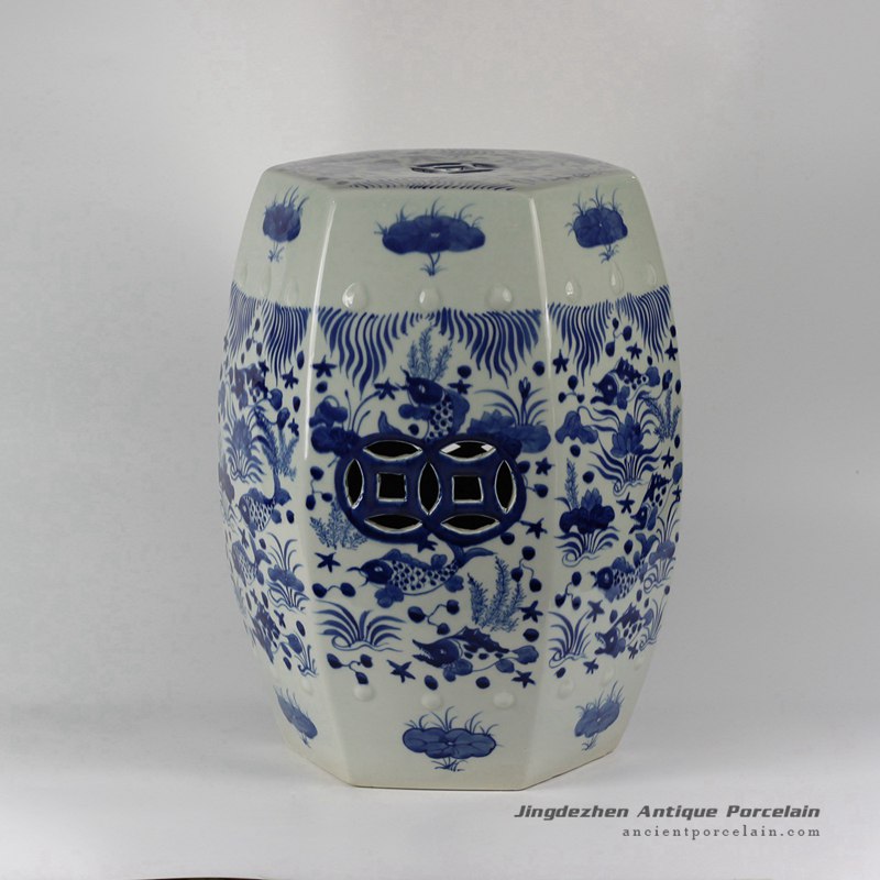 RYLU17-B_Blue & White Fish Grass design Hexagon Ceramic Garden Stool