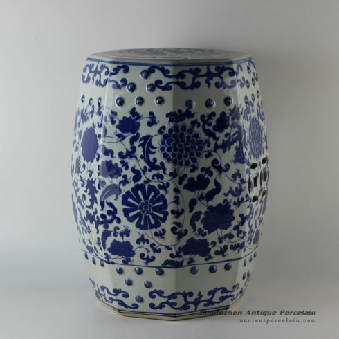 RYLU17_ Hand painted garden blue and white oriental stools floral design