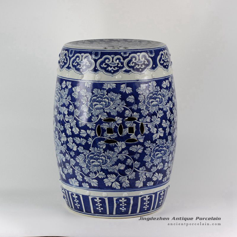 RYLU18-D_Ceramic Blue And White Floral Drum Stool