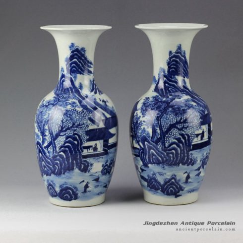 RYLU58_Pair of Hand Painted Blue and White Porcelain Vases
