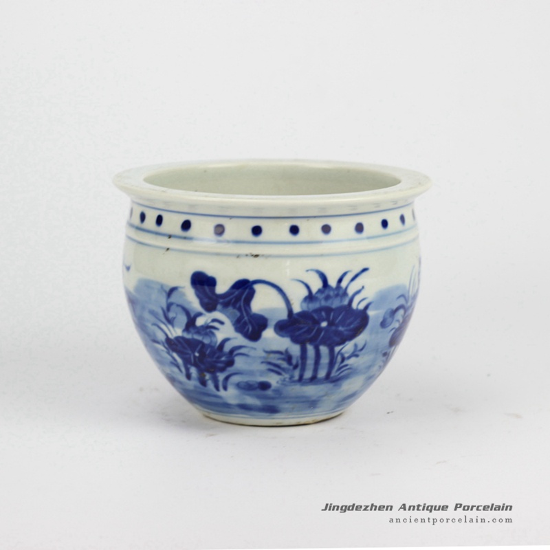 RYLU60-A_Small Painted Lotus Blue and White Cearmic Flower Pot
