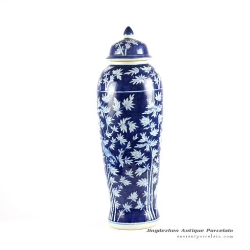 RYLU66-A_H23″ Blue and White Bamboo Bird Porcelain Temple Jar