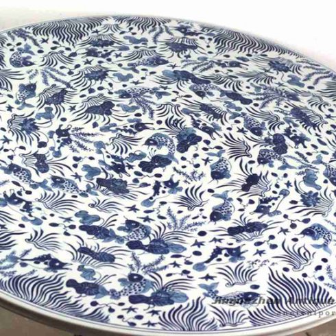 RYLU72_Blue and white fish and seaweed pattern round ceramic table