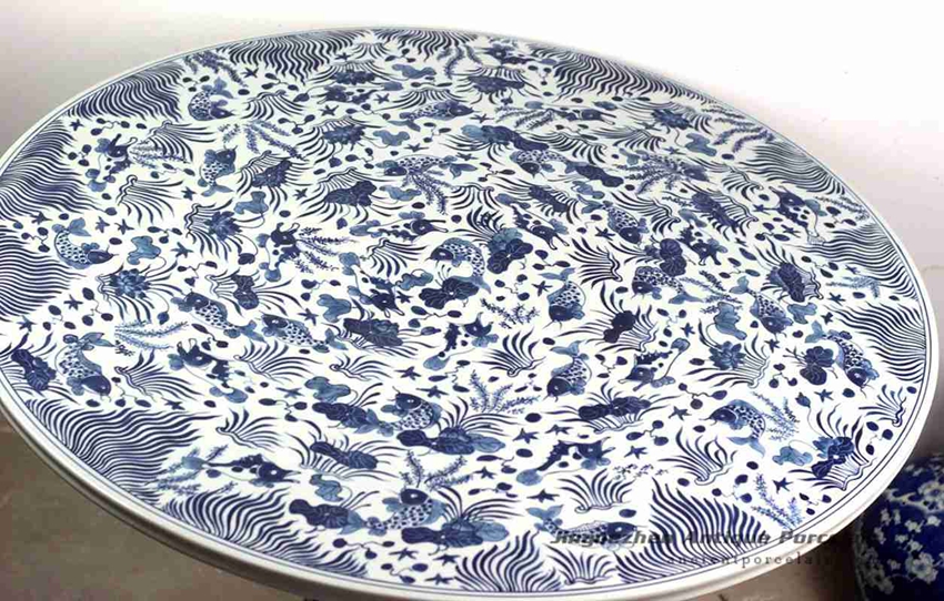 RYLU72_Blue and white fish and seaweed pattern round ceramic table
