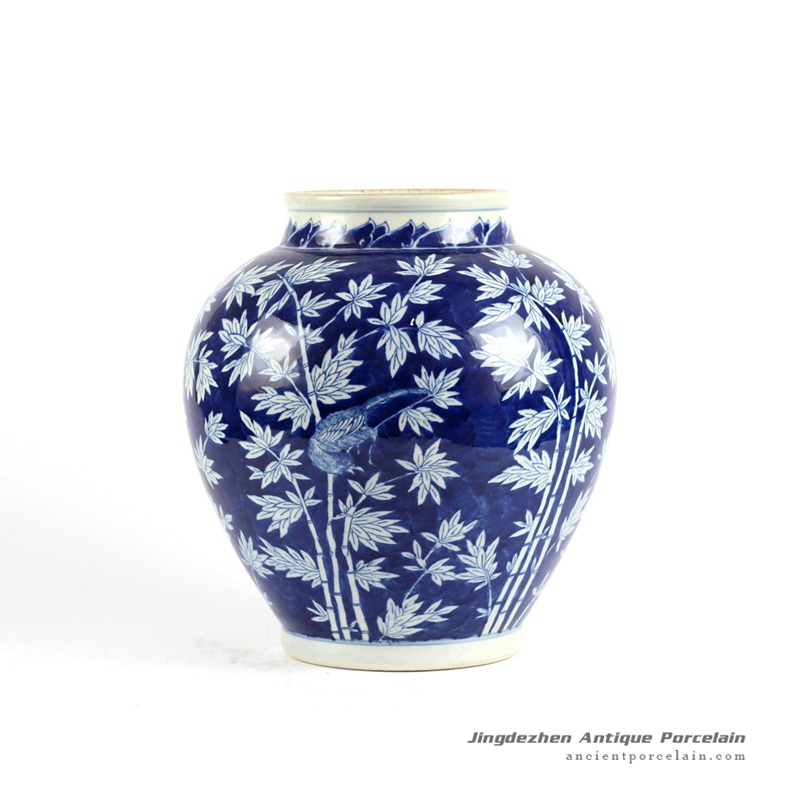 RYLU85_Hand painted blue and white bamboo pattern japanese jar urn without lid
