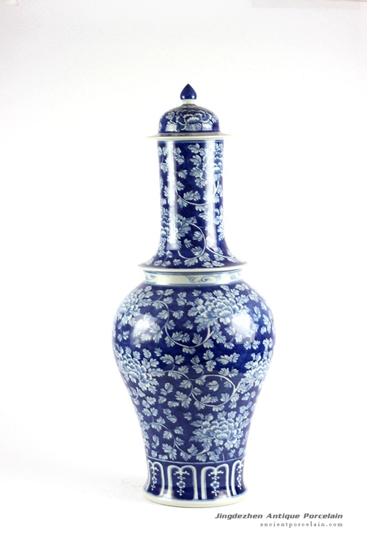 RYLU86_Extraordinary unique shape hand paint peony pattern blue and white large ginger vase jar