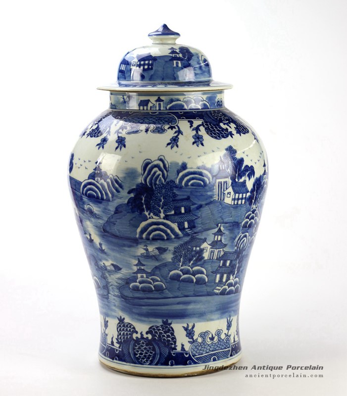 RYLU90-B_ Hot sale under glaze blue high temperature fired handcrafted water town pattern porcelain ginger jar