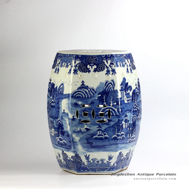 RYLU91-C_6 sides hand paint landscape pattern blue and white bathroom ceramic stool furniture