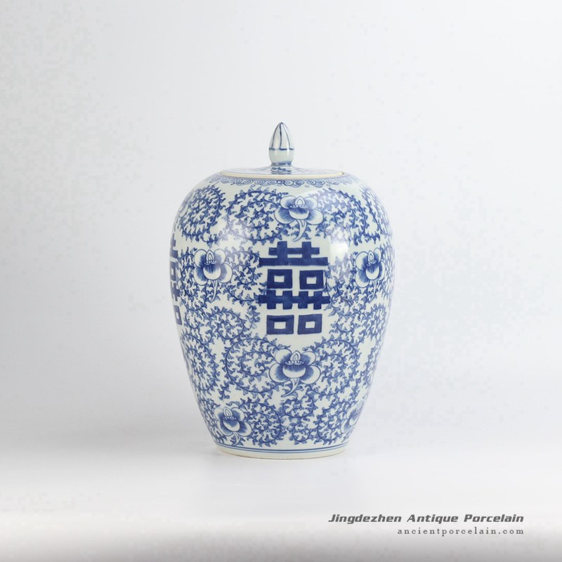 RYLU98_double happiness hand paint orchid pattern Chinese style blue and white ceramic wedding candle jar