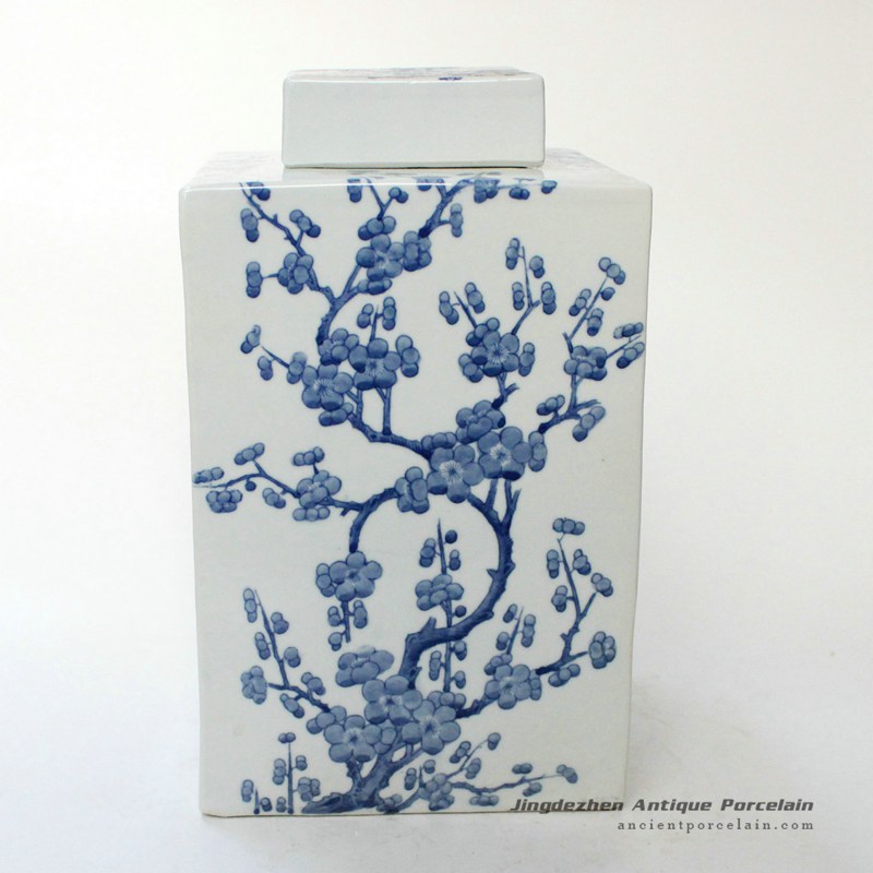 RYQQ10_12inch Blue and White hand painted plum blossom Square Jar