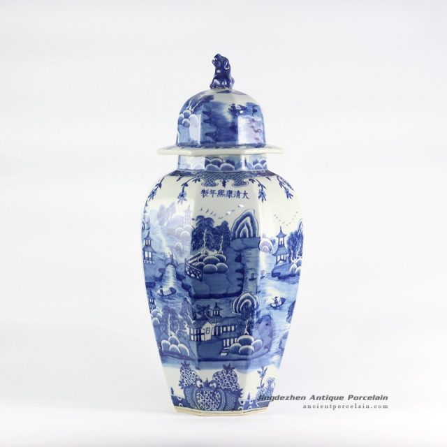 RYLU106_hexagonal blue and white landscape china ware ginger jar with lion lid