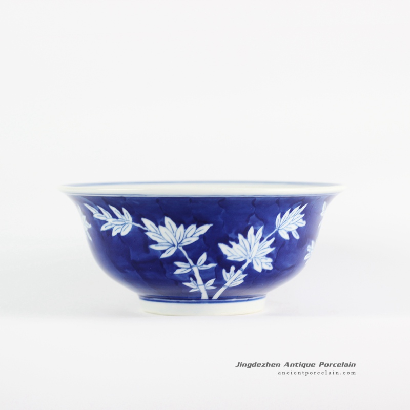 RYLU107-B_Dark blue color background hand paint bamboo pattern collectable Chinese style bowl