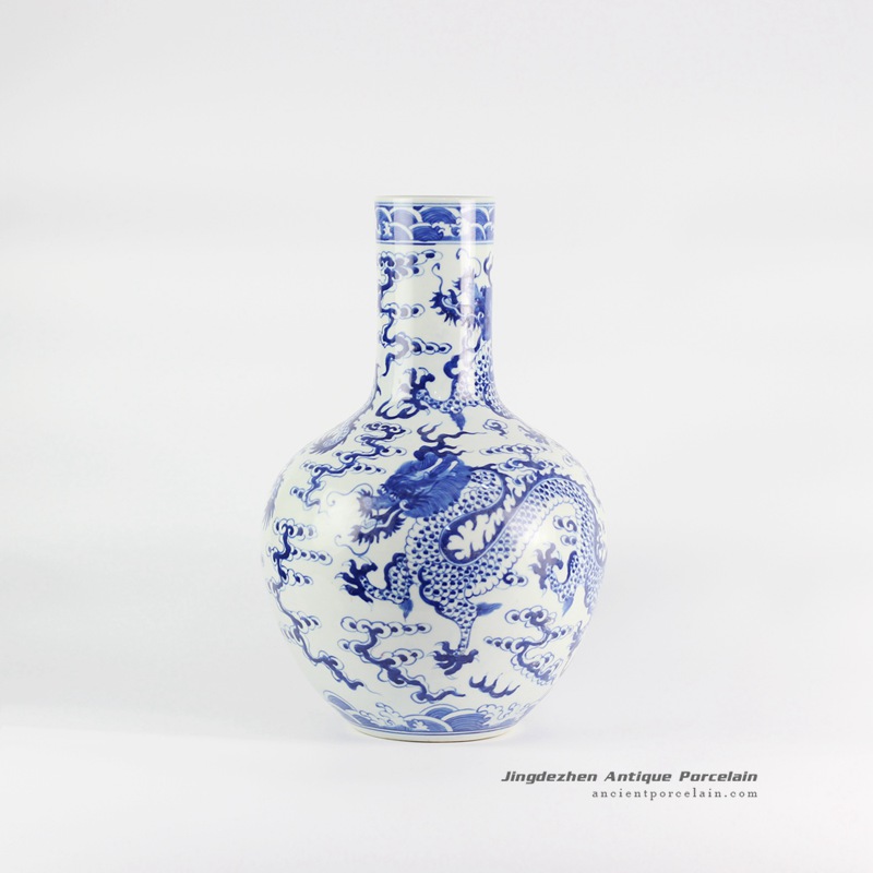 RYLU113_globular shape Asian dragon painting blue and white ceramic vase