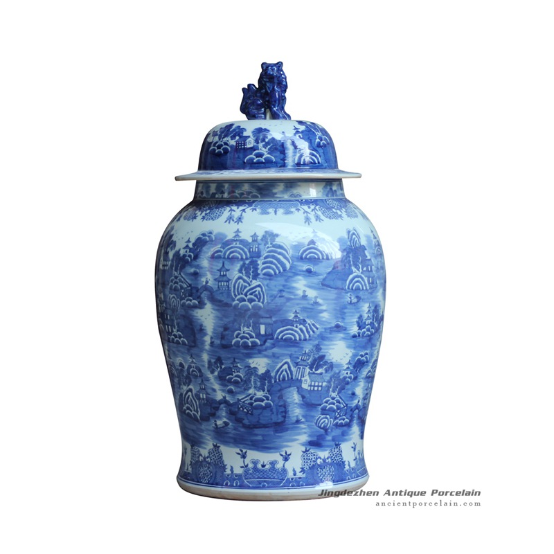 RYLU123_Vivid lion cap hand drawing oriental scenery pattern ceramic temple jar