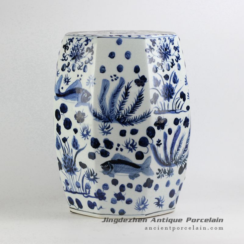 RYNQ195_Hexagon shape blue and white hand paint fish and water weed pattern Jingdezhen porcelain bathroom stool
