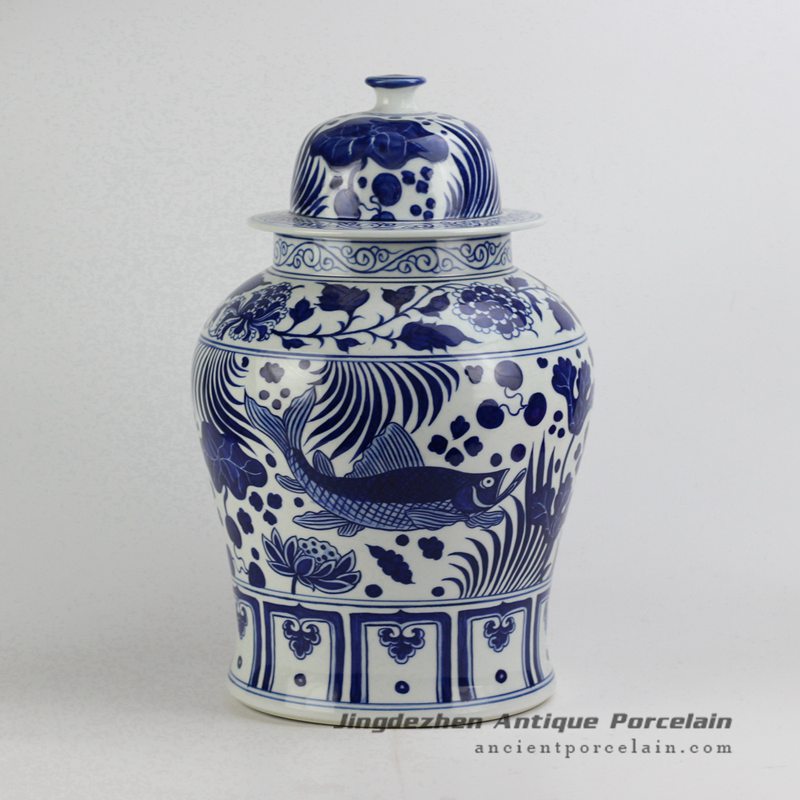 RYNQ196-C_Dark blue color carp and lotus leaf pattern ceramic ginger jar