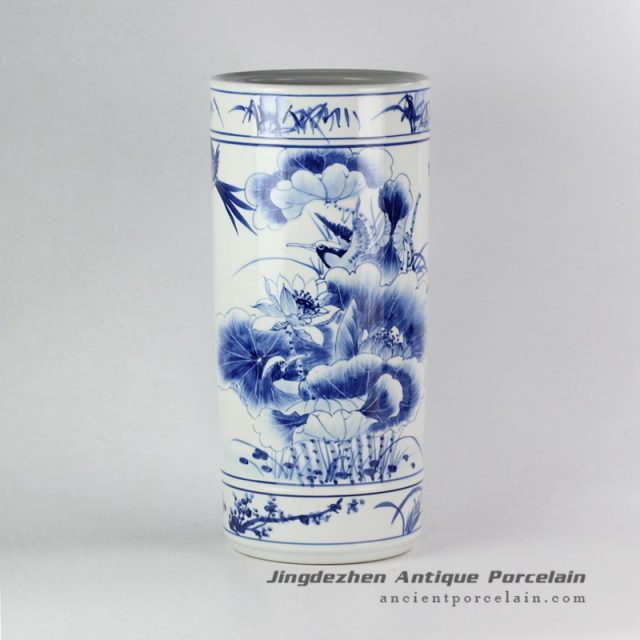 RYPB05-B_Blue and white plum blossoms orchid bamboo and chrysanthemum edge lotus flower and bird pattern poetic hand painting flavor ceramic umbrella stand