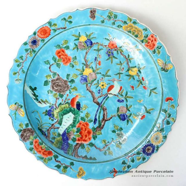 RYQQ37_17.5inch Chinese Hand painted Flower bird design Porcelain Plate