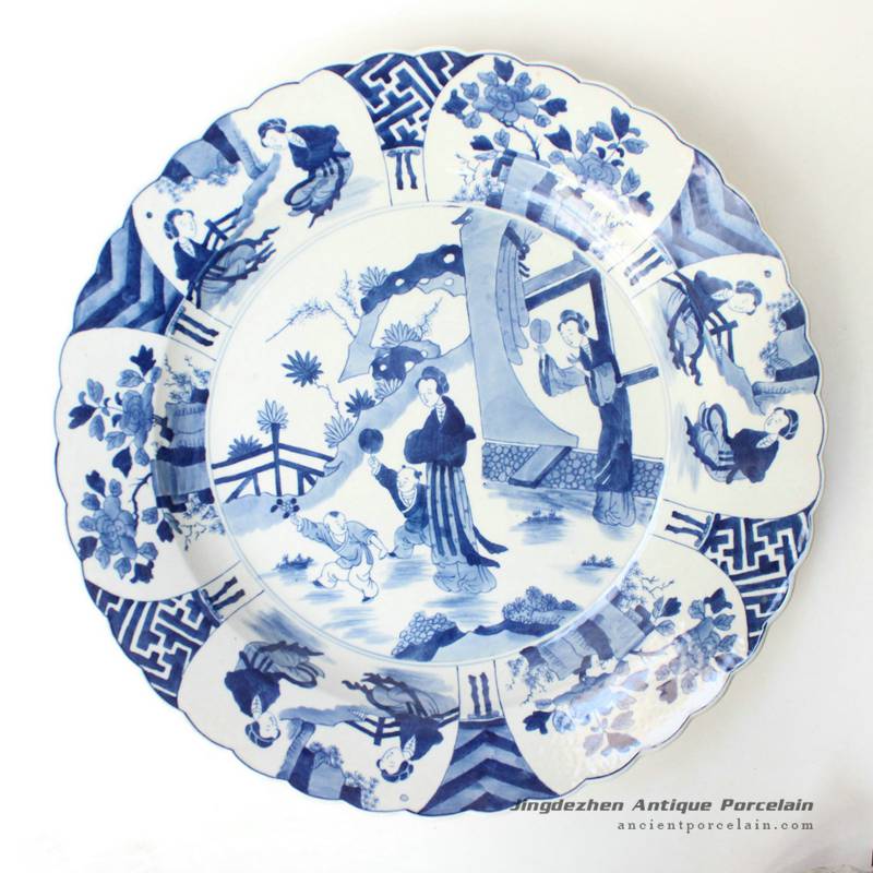 RYQQ44_Blue and white hand painted Chinese ancient ladies pattern ceramic dish