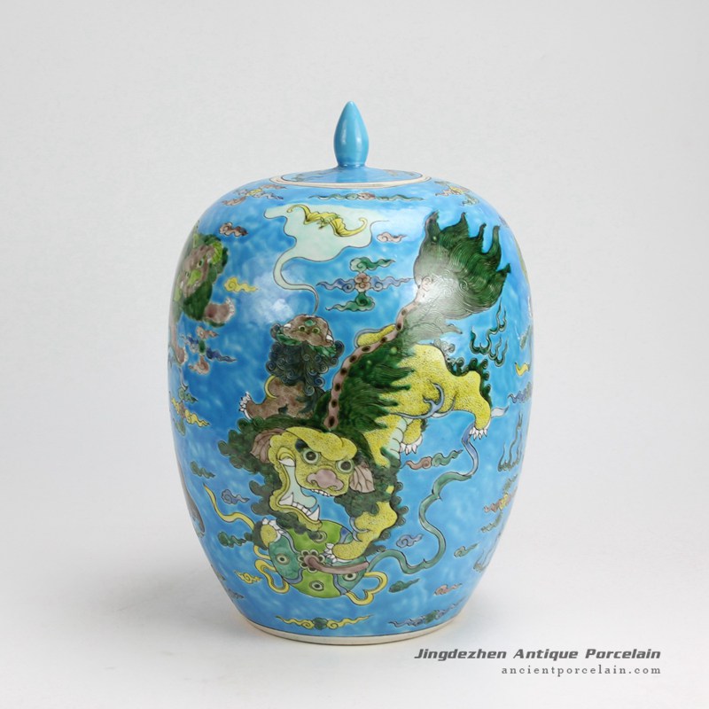 RYQQ51-C_H13 inch Jingdezhen hand painted Famille rose kylin design porcelain melon jars