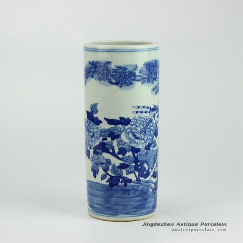 RYWD14_Blue and white straight slim tube shaped hand paint bird floral pattern chinaware quvier pen container