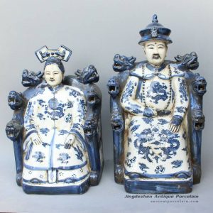 RYXZ08_15 inch Pair of ceramic blue white figurine Chinese King and Queen
