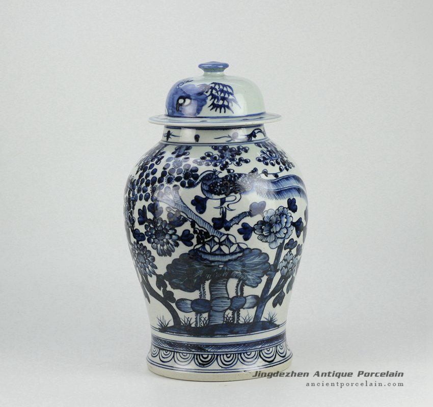 RZFI05-D_Hand paint bird pattern blue and white ceramic big cookie jar 
