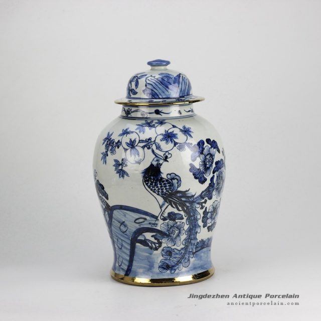 RZFI05_Gold plated line hand paint floral bird pattern blue and white ceramic ginger jar furniture