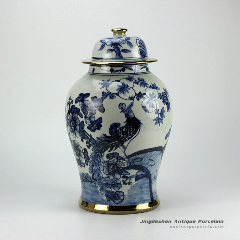 RZFI05-gold_Gold plated line hand paint floral bird pattern blue and white ceramic ginger jar furniture 