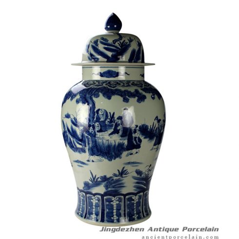 RYUC04_Oversize hand making cobalt and white scholar pattern ceramic temple jar