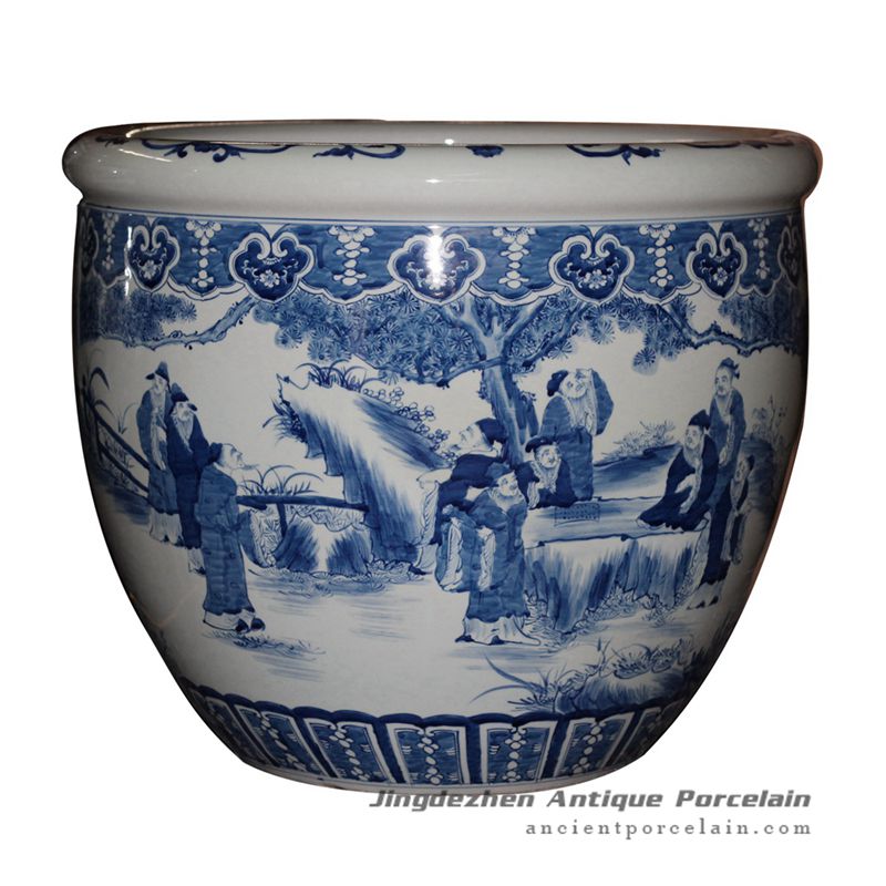 RYUC05_Hand paint literary man of ancient China pattern under glaze blue porcelain large outdoor fish pond