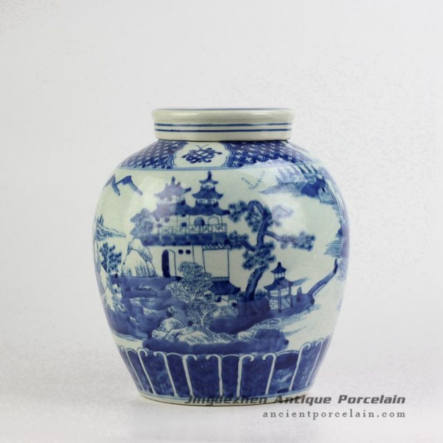 RYVM24_Blue and white hand paint pavilion ceramic container jar
