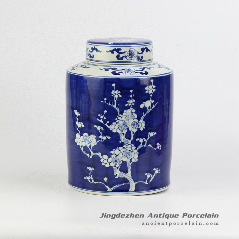 RYWG15_Blue and white flat lid winter sweet pattern china canister jar