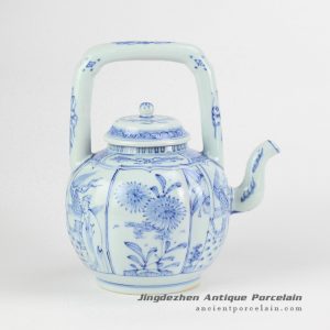 RYZB04_light blue color plants and ancient chinese pattern ceramic tea pot with loop handle