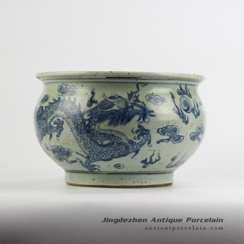 RYZK12_blue and white Asian fire dragon pattern rough clay material ceramic bonsai