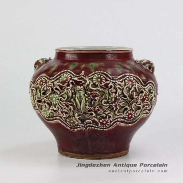 RZBE10_red glaze hand carved floral design ceramic jar