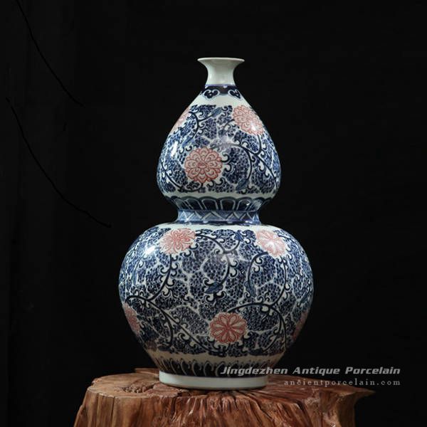 RZFQ03-F_blue and red floral pattern hand paint ceramic calabash shape vase