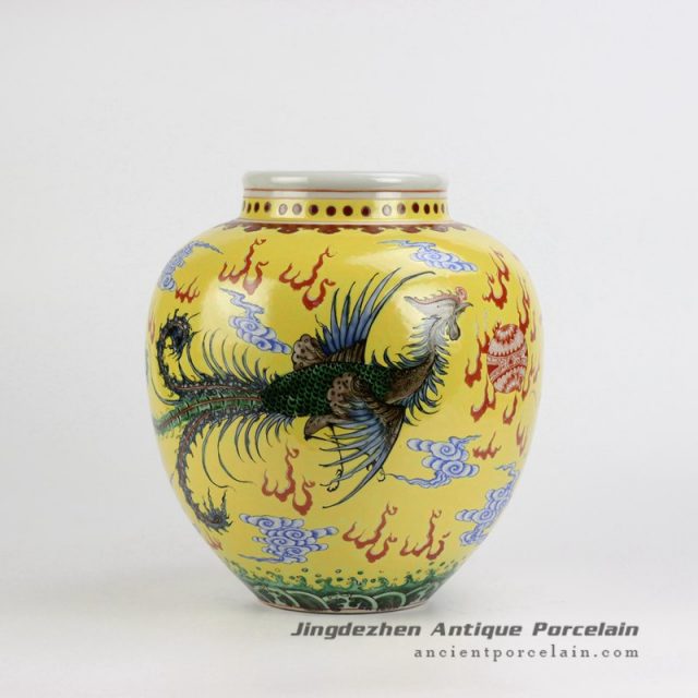 RZJH06_Yellow background hand paint phoenix and dragon pattern China style ceramic jar