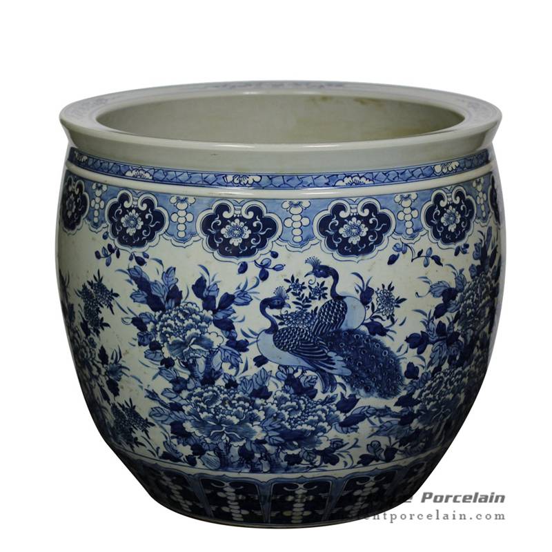 RZJM01_ Under glaze blue high temperature fired peacock peony pattern extra large porcelain planter