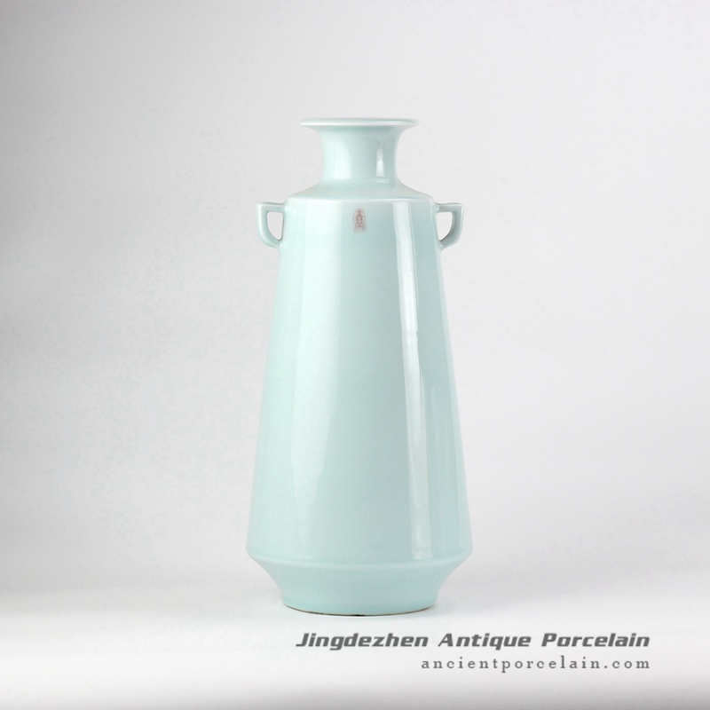 RZJR03_Celadon glaze light green sealed pattern antique porcelain vase with two handles