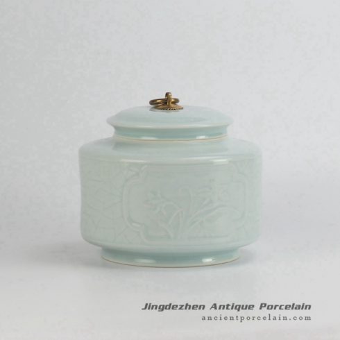 RZJZ01_Under celadon glaze carving metal ring lid small size porcelain jar