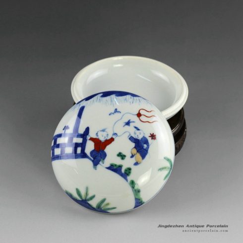 14AS128_ Qing dynasty reproduction Jingdezhen Porcelain Inkpad box hand painted children design