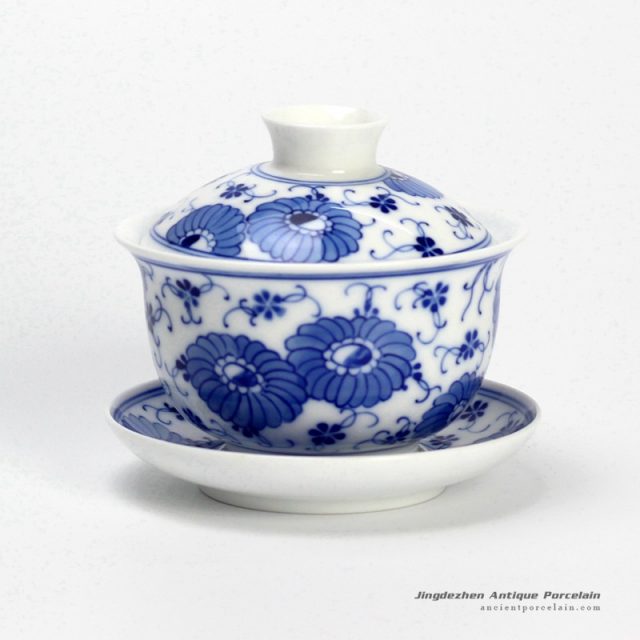 14DR118_hand painting flora pattern blue and white cup gaiwan