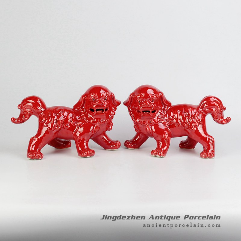 red color glaze birthday gift porcelain foo dog in pairs