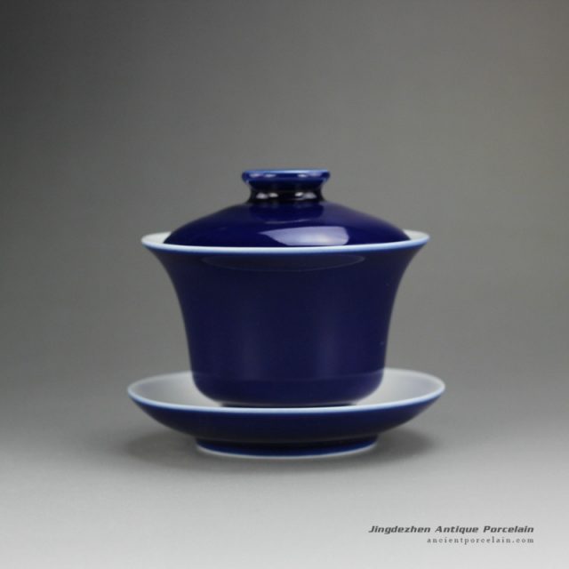 14FS23-D_hand made solid color tea bowl,Navy Blue porcelain gaiwan
