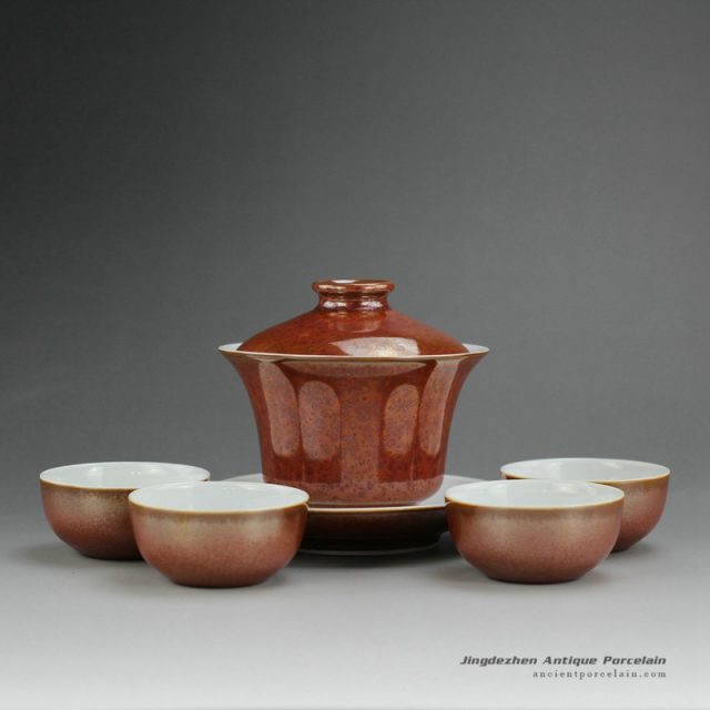 14FS24_red glaze ceramic teaware tea pot and cups made in Jingdezhen