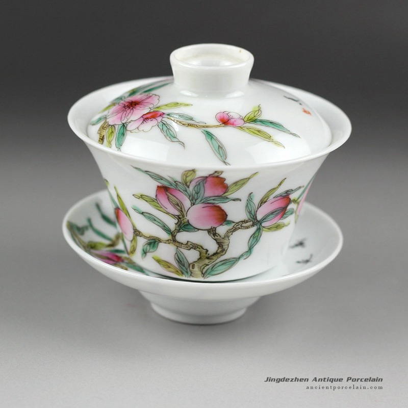 14NY15_Jingdezhen hand made famille rose painted porcelain Gaiwan, peach design
