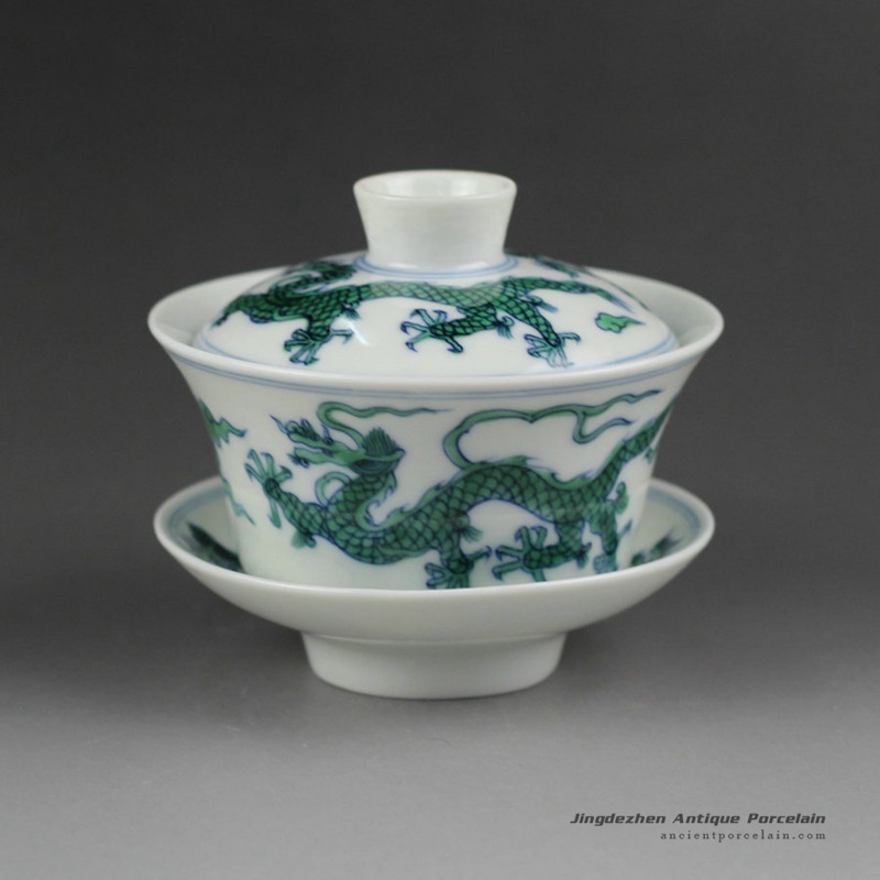 14YM07_Jingdezhen hand made porcelain Gaiwan, blue white doucai dragon design