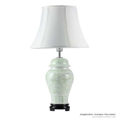 DS51-RZFX_Wholesale Celadon engraved floral pattern ceramic ginger jar lamp